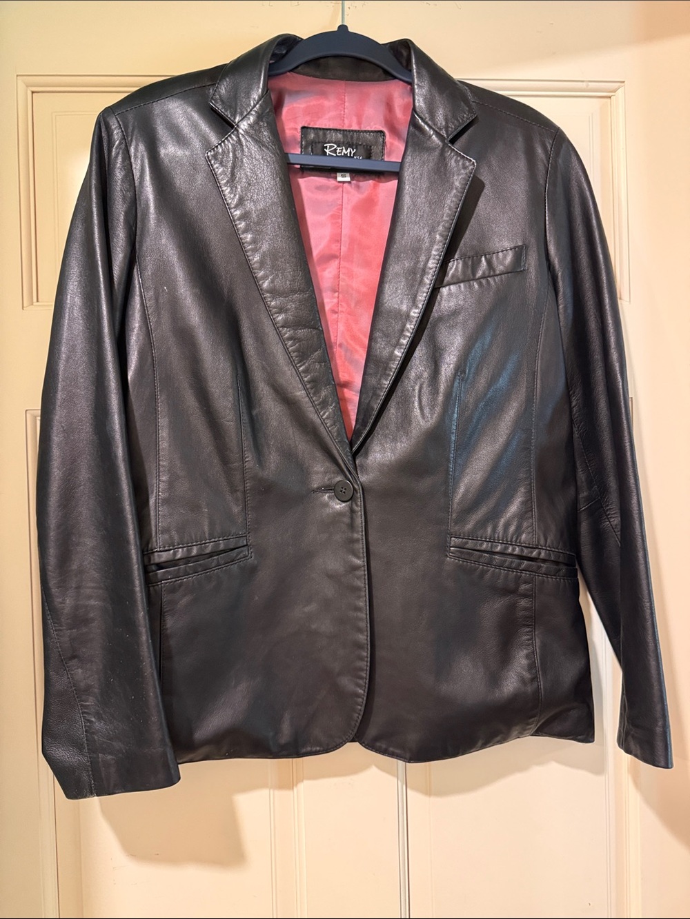 Remy Leather Black Leather Blazer with Pink Lining
